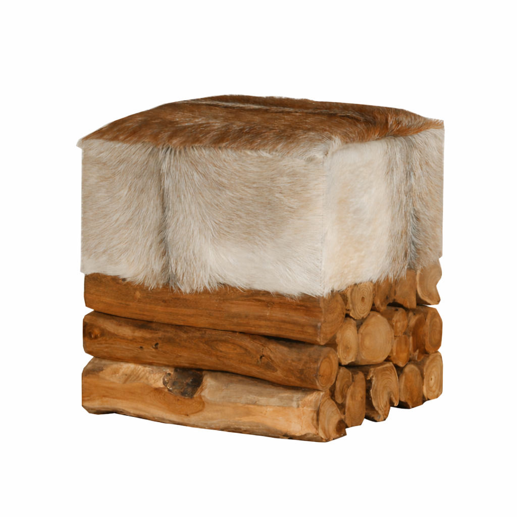 Teak Wurzelholz Hocker BARON mit Ziegenfell