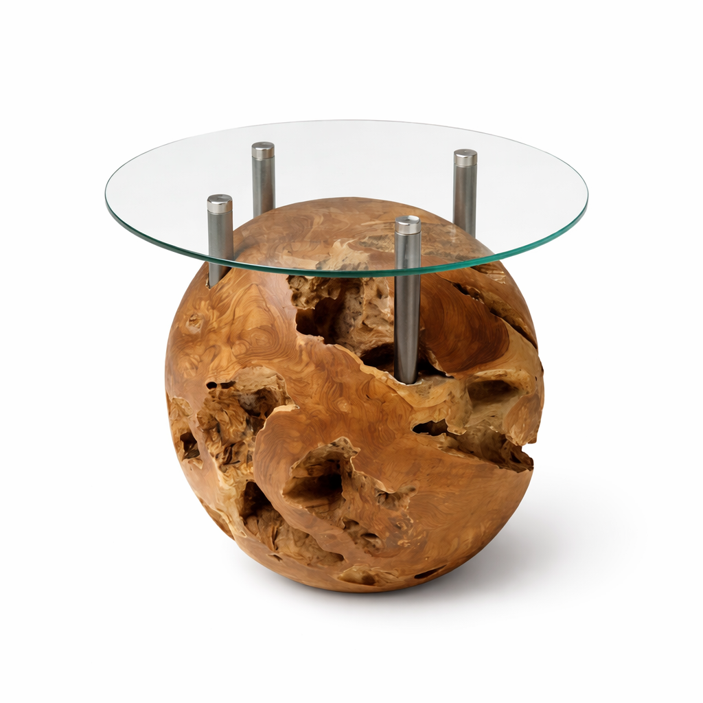 Teak Kugel Beistelltisch ROCCO inklusiv Glasplatte 50 cm