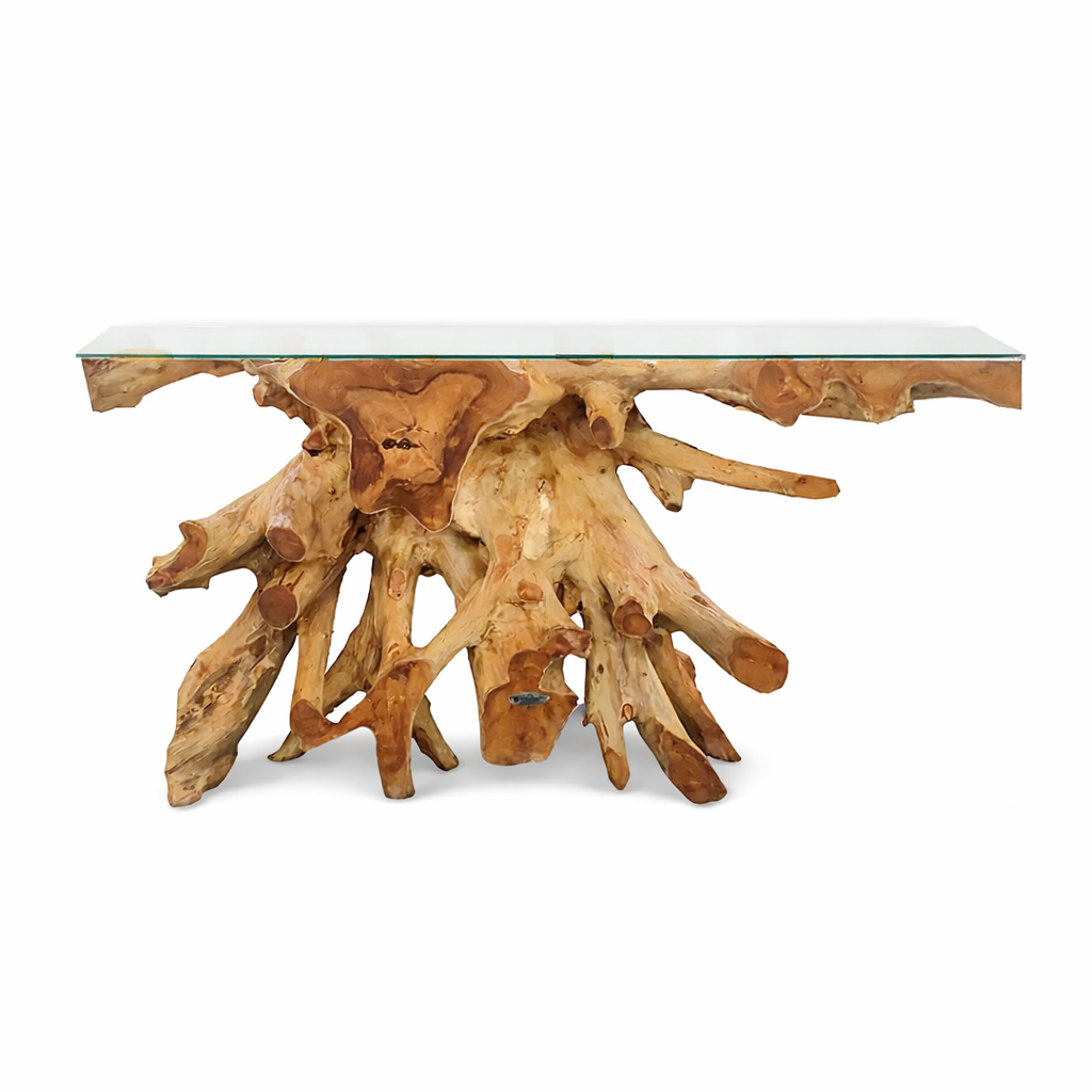 Teak Wurzelholz Konsole NAGA Breite 140cm mit Glasplatte - Unikat
