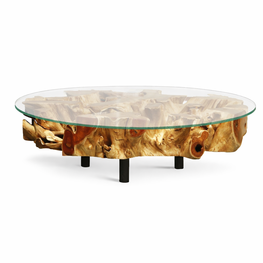 Wurzel Couchtisch NAGA inkl. Glasscheibe Ø 100 cm auf Stahlfüssen