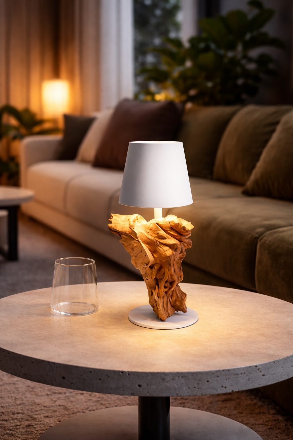 LED Treibholz Akku Tischlampe SERA kabellos Schirm Weiß