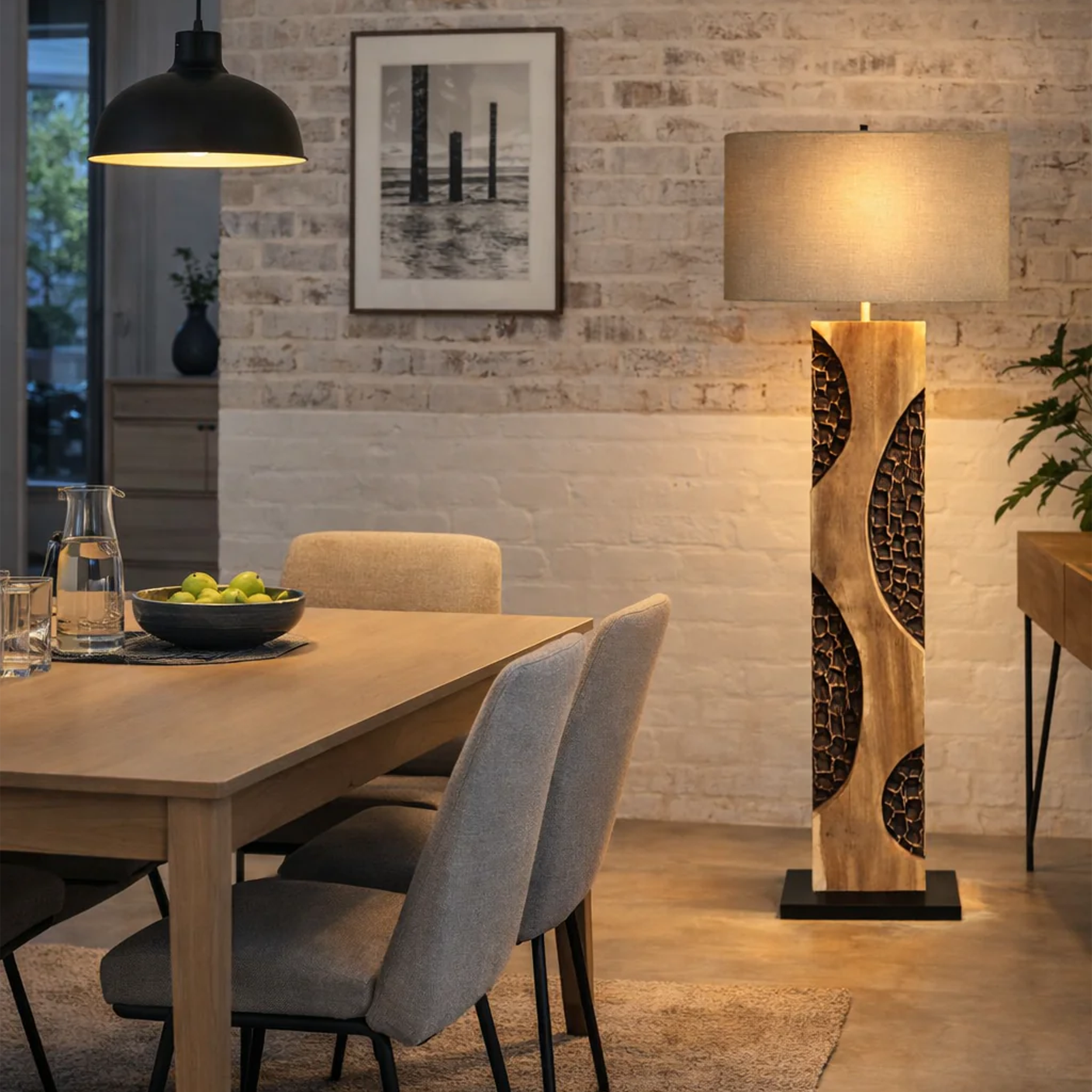 Holz Stehlampe AMAZONIA 170cm Leinenschirm Handarbeit