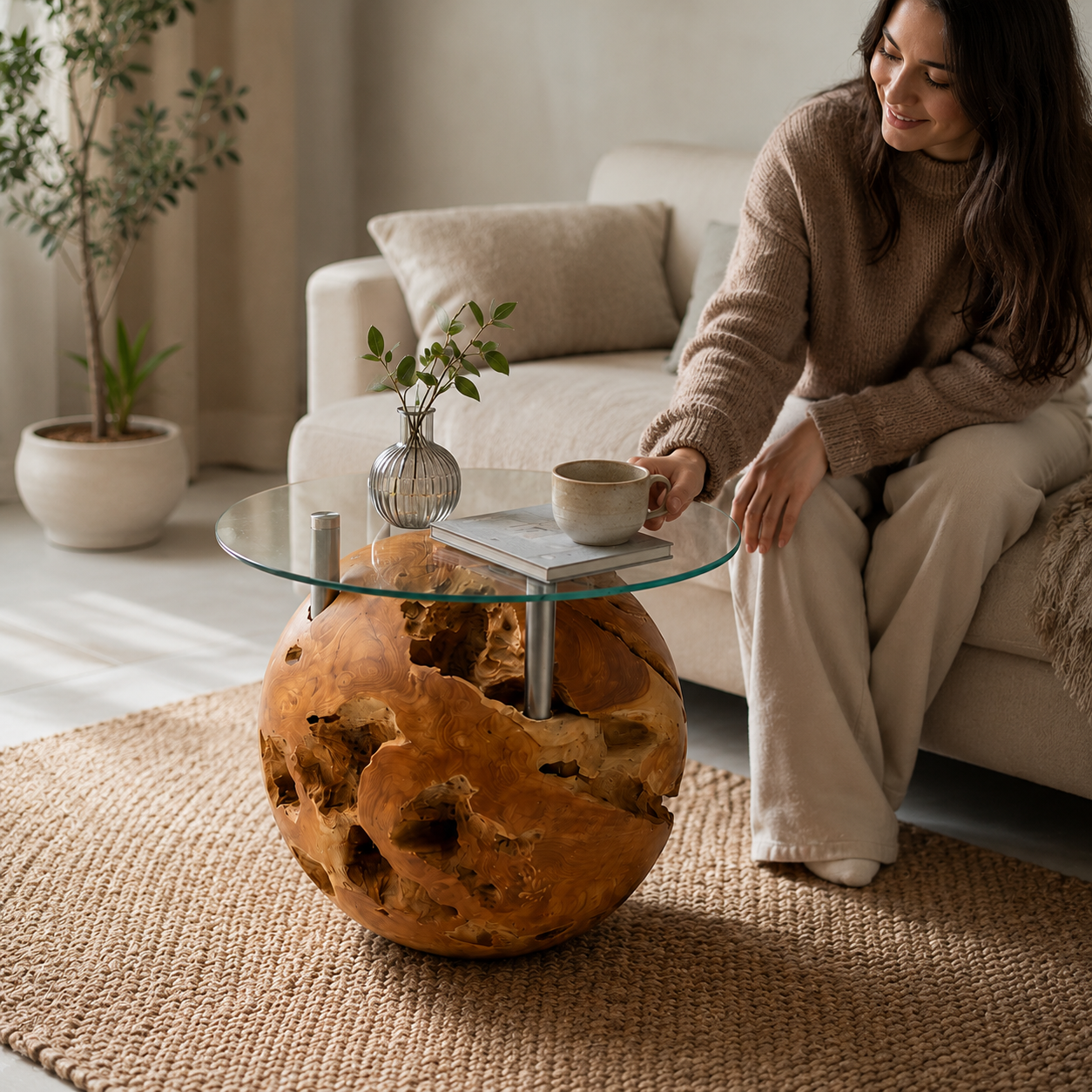 Teak Kugel Beistelltisch ROCCO inklusiv Glasplatte 50 cm