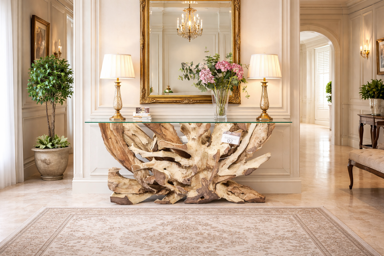 Wurzel Konsole SUBA Breite 140 cm mit Glasplatte – Unikat