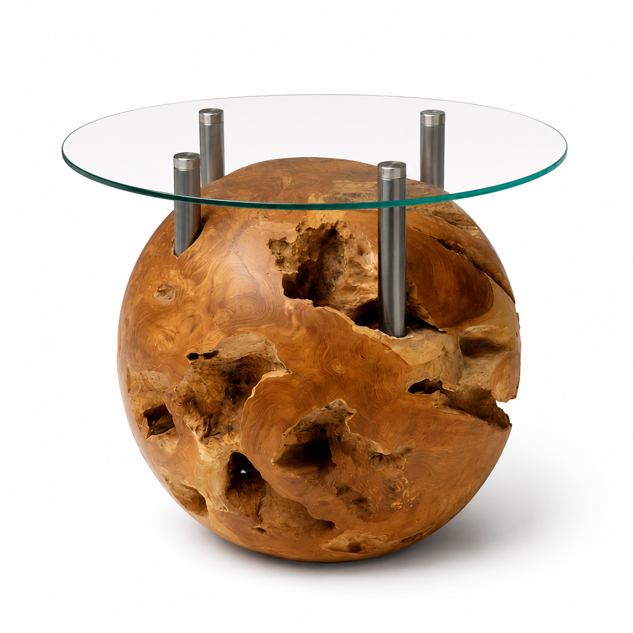 Teak Kugel Beistelltisch ROCCO inklusiv Glasplatte 50 cm