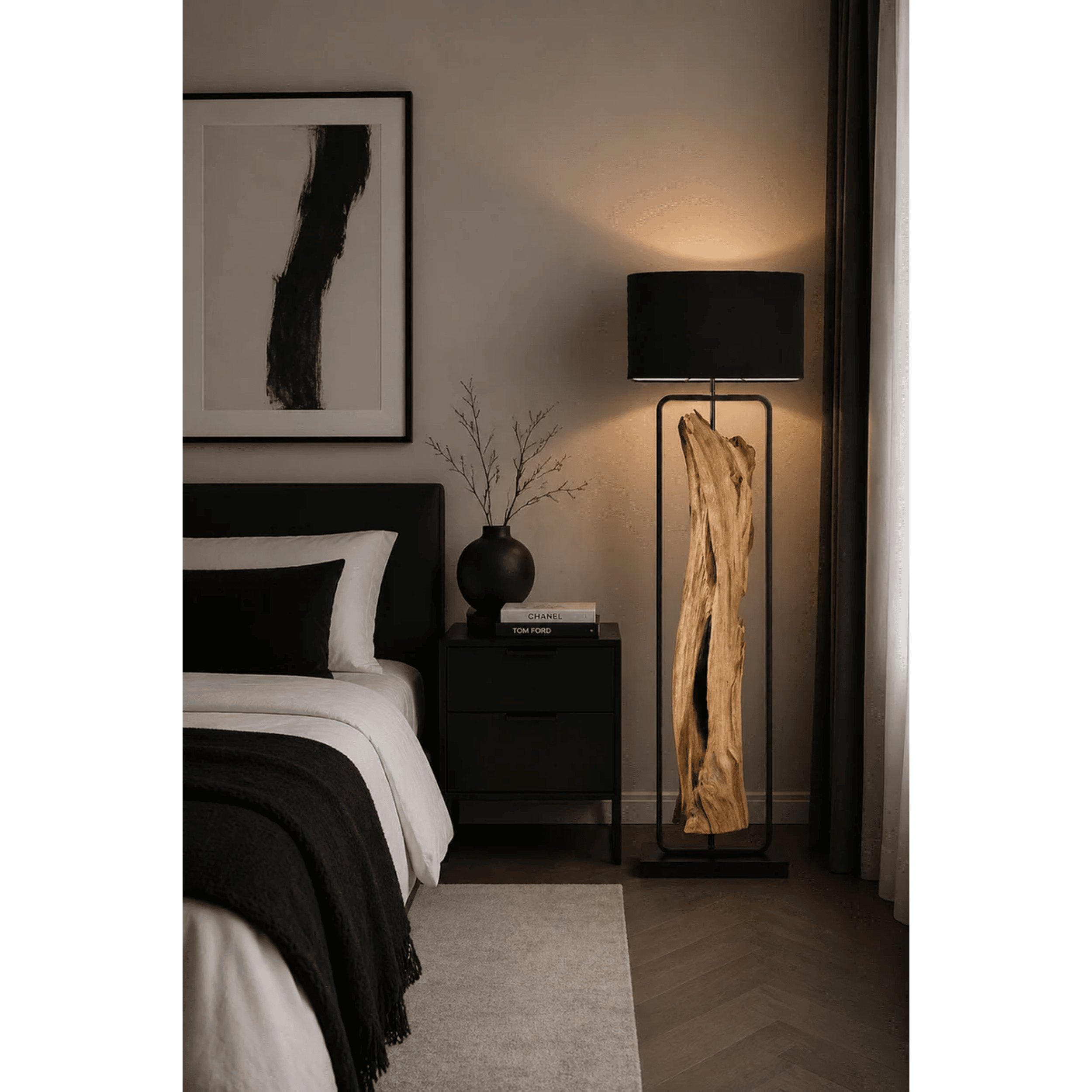 Treibholz Stehlampe Oliv 192 cm, Lampenschirm Schwarz