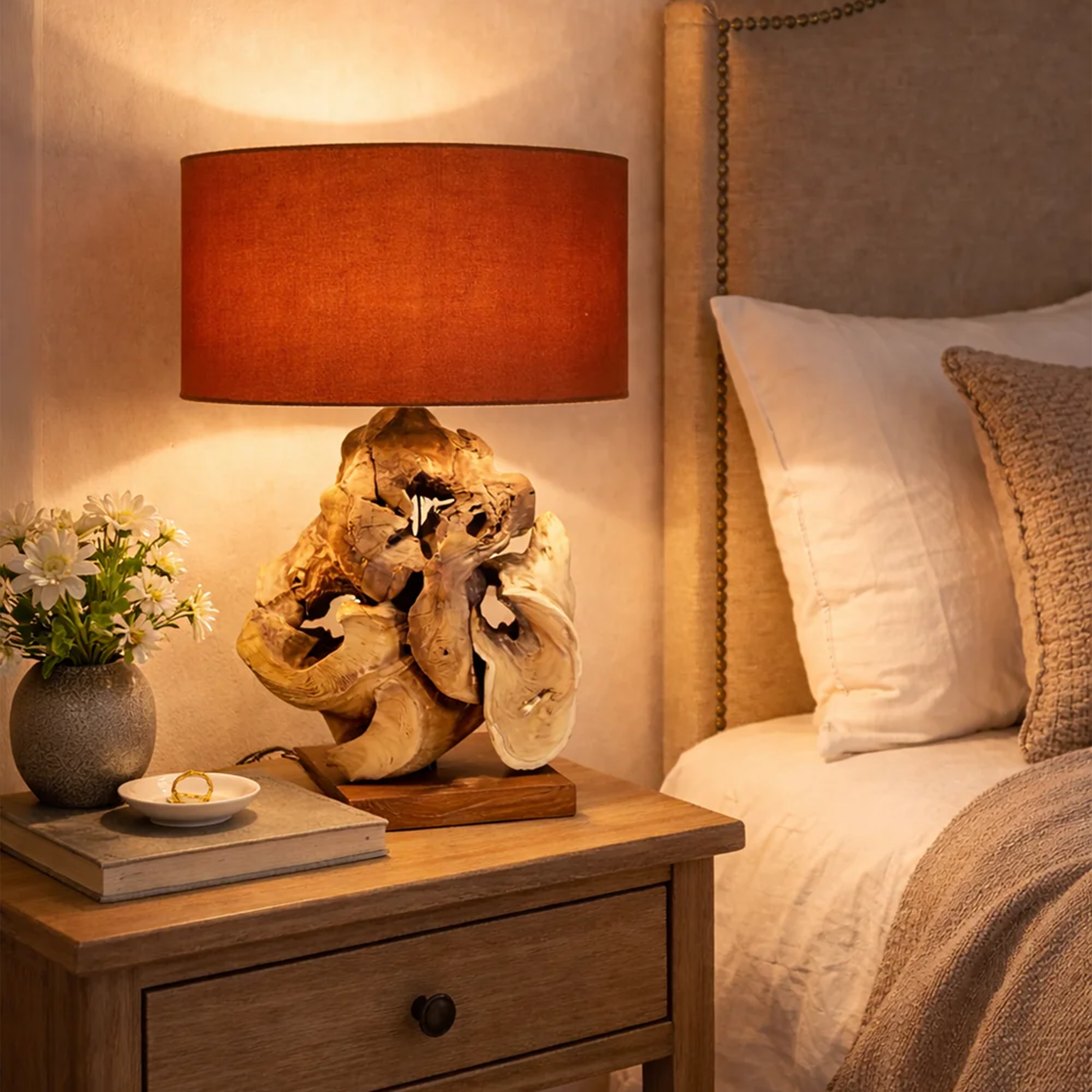Treibholz Tischlampe CLOVER Höhe 70 cm / Schirm Braun