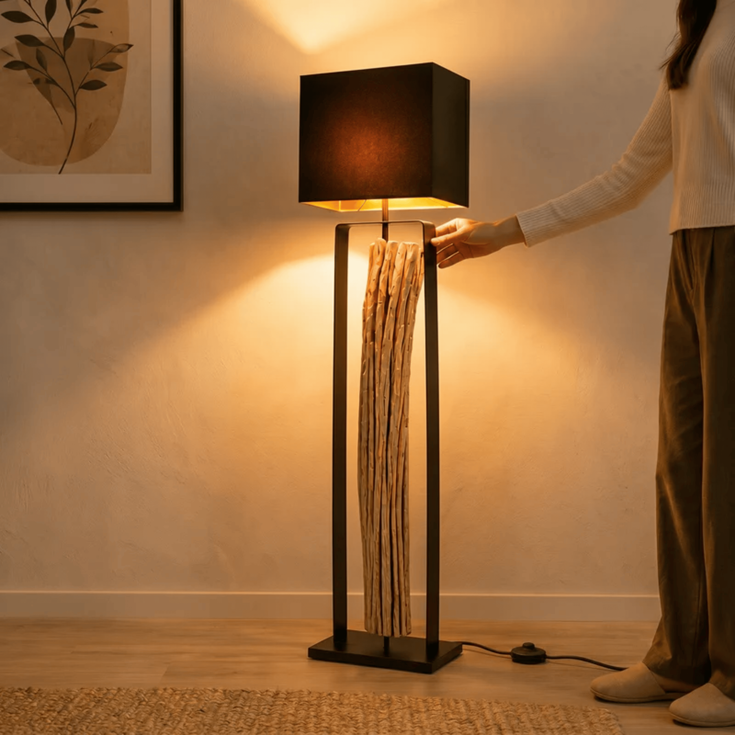 Design Stehlampe WANA 165cm Holzstamm inkl. Lampenschirm Schwarz