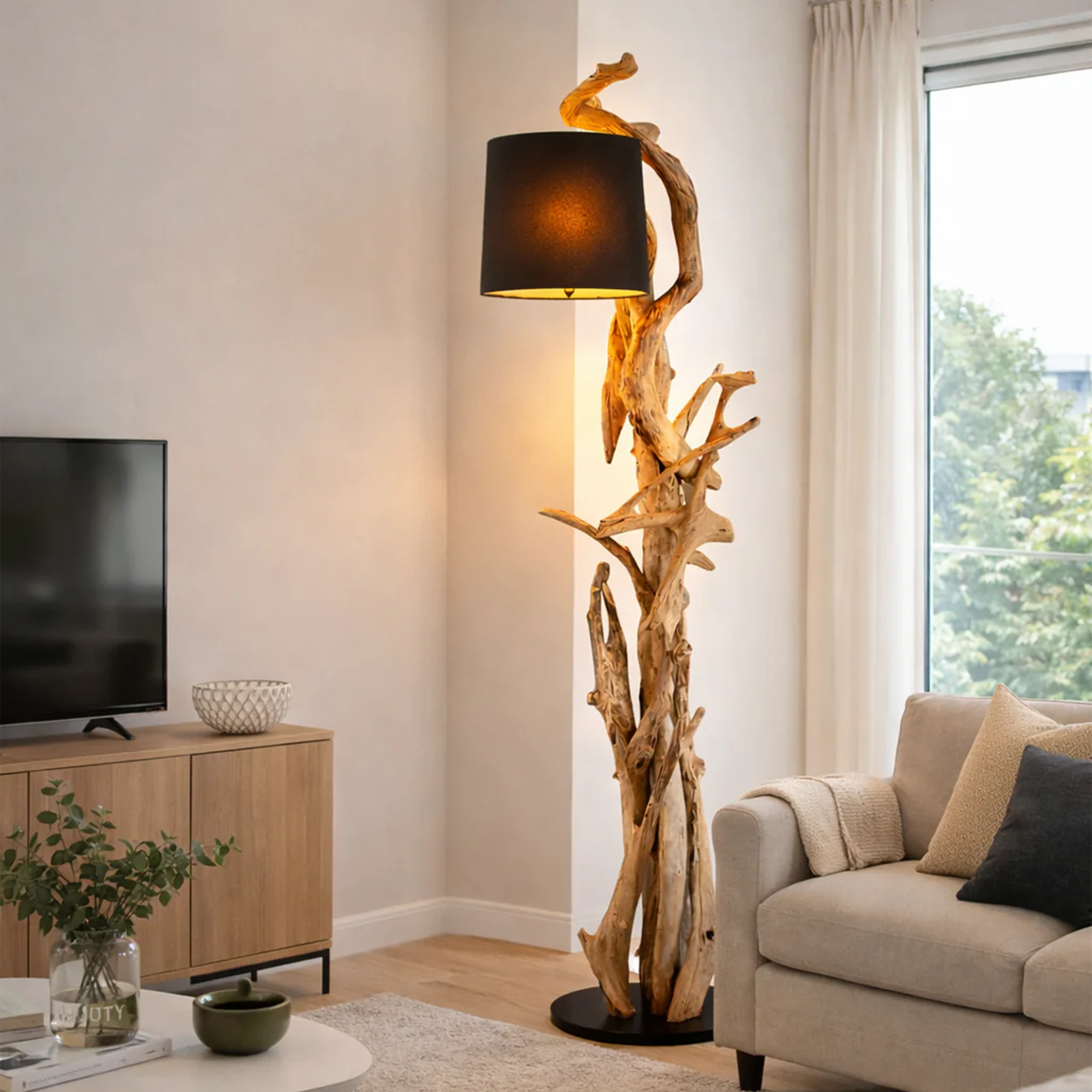 Wurzel Holz Lampe MORGAN inkl. Lampenschirm Schwarz