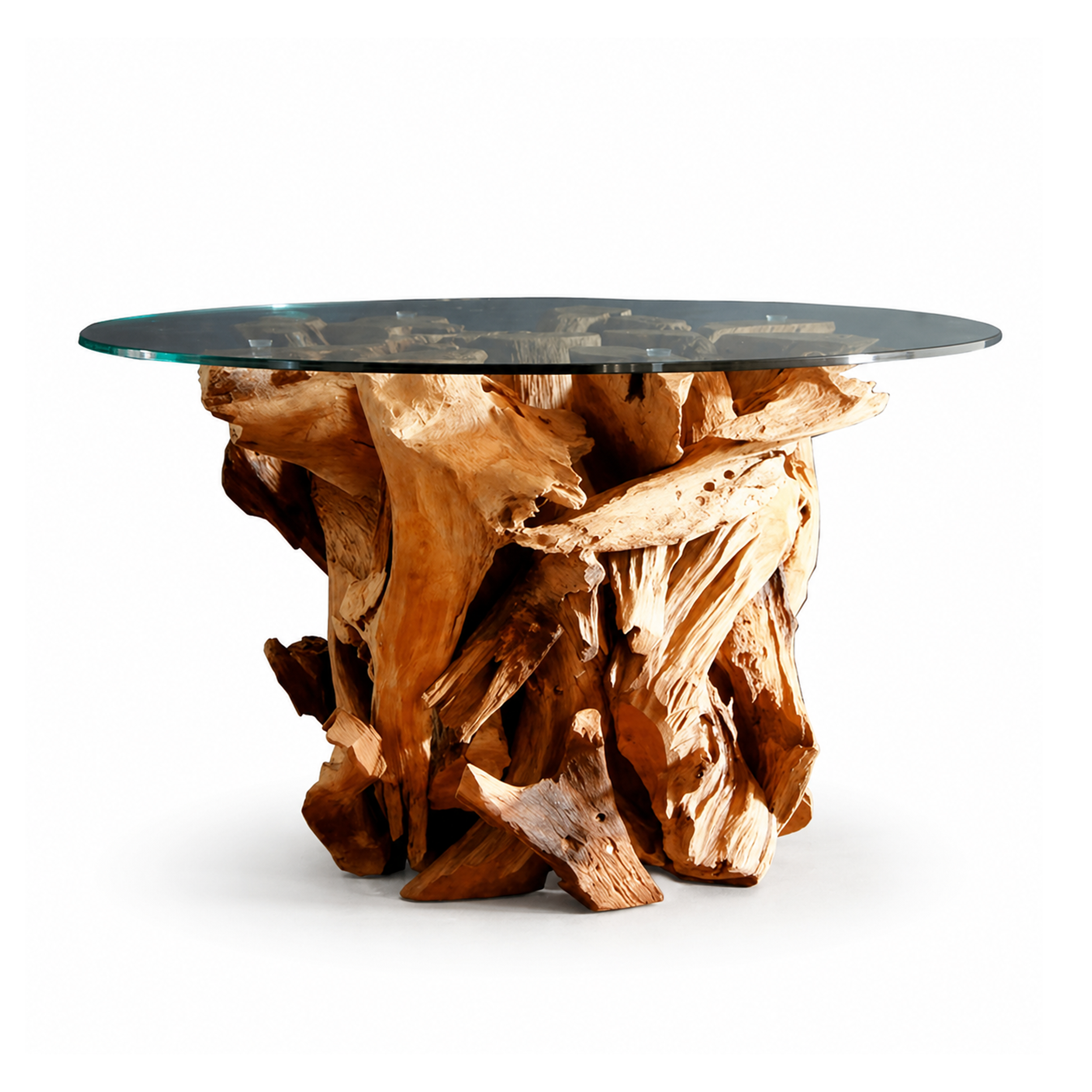 Handgearbeiteter Couchtisch IKAL Wurzelholz inkl. Glasscheibe Ø 80 cm