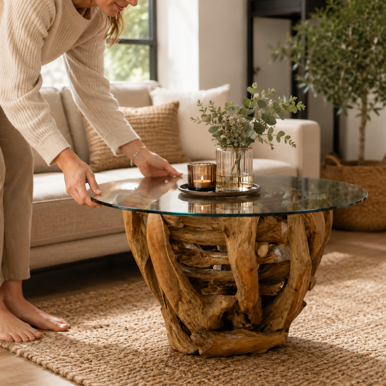 Wurzeltisch ZEN aus Wurzelholz inkl. Glasscheibe Ø 80 cm