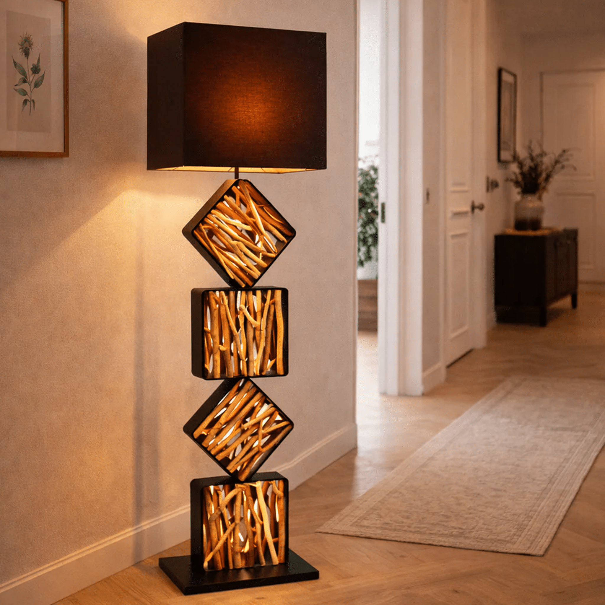 Designová stojací lampa SAWA 155cm lampa na naplavené dřevo černo-zlatá