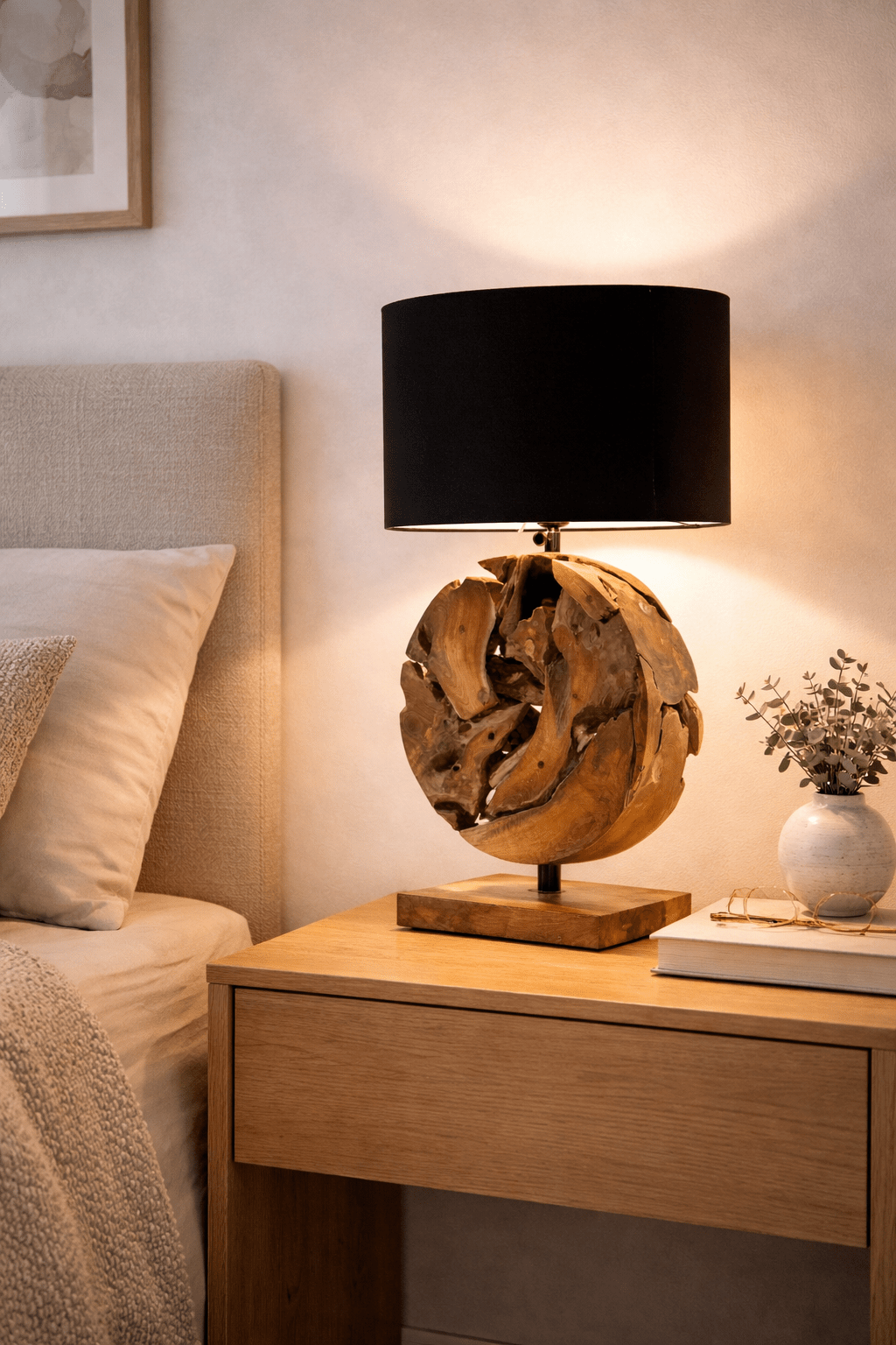 Dřevěná kořenová stolní lampa GLOBE včetně stínidla: černá