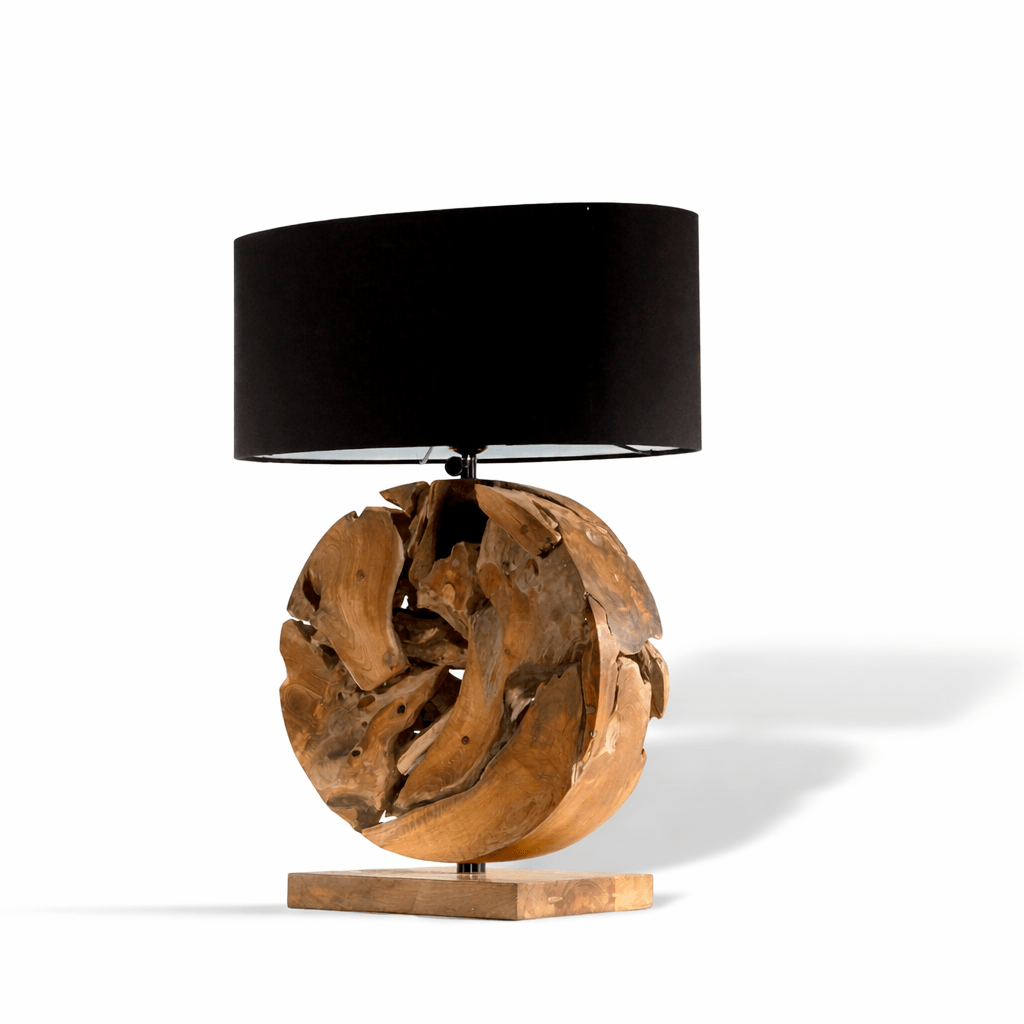 Dřevěná kořenová stolní lampa GLOBE včetně stínidla: černá