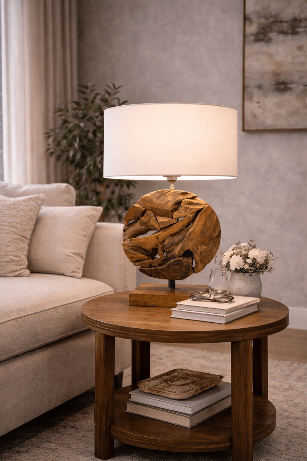 GLOBE kořenová dřevěná stolní lampa bílá