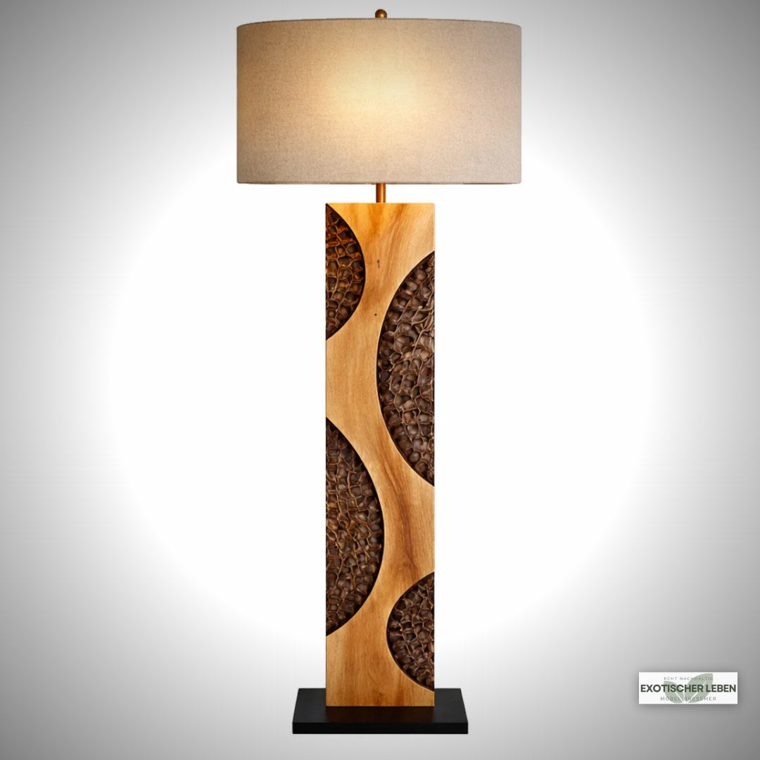 Holz Stehlampe AMAZONIA 170cm Leinenschirm Handarbeit