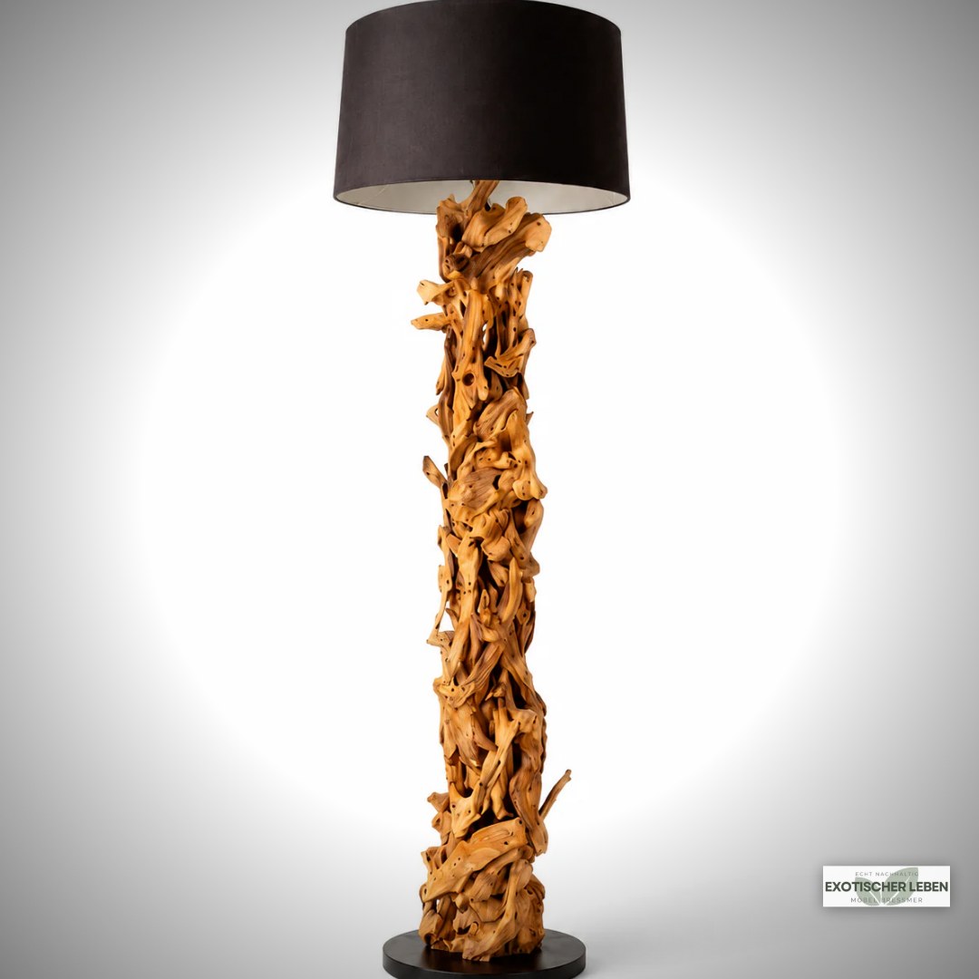 Stehlampe Treibholz CLEON  | Höhe 165 cm | Lampenschirm Schwarz