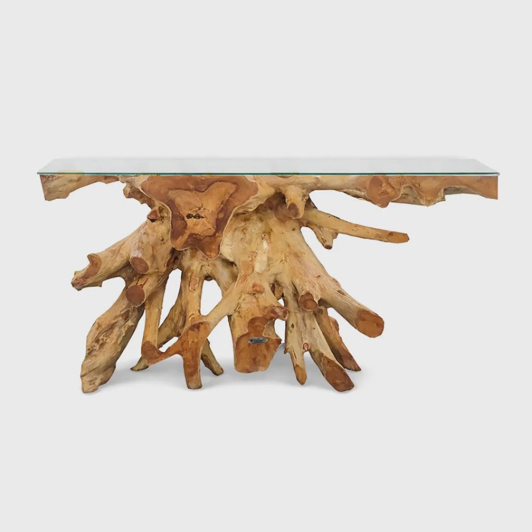 Teak Wurzelholz Konsole NAGA Breite 140cm mit Glasplatte - Unikat