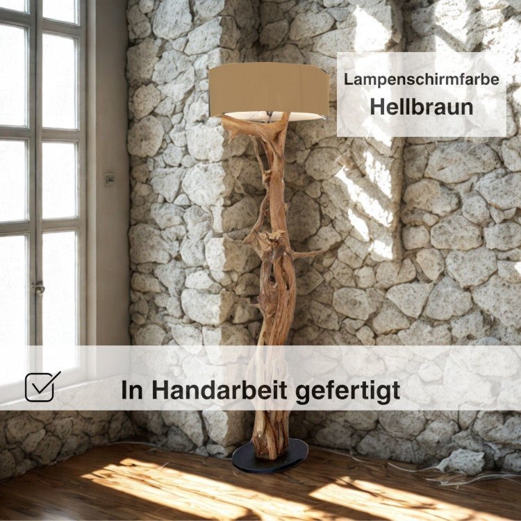 Stojací lampa z teakového dřeva s hnědým stínidlem