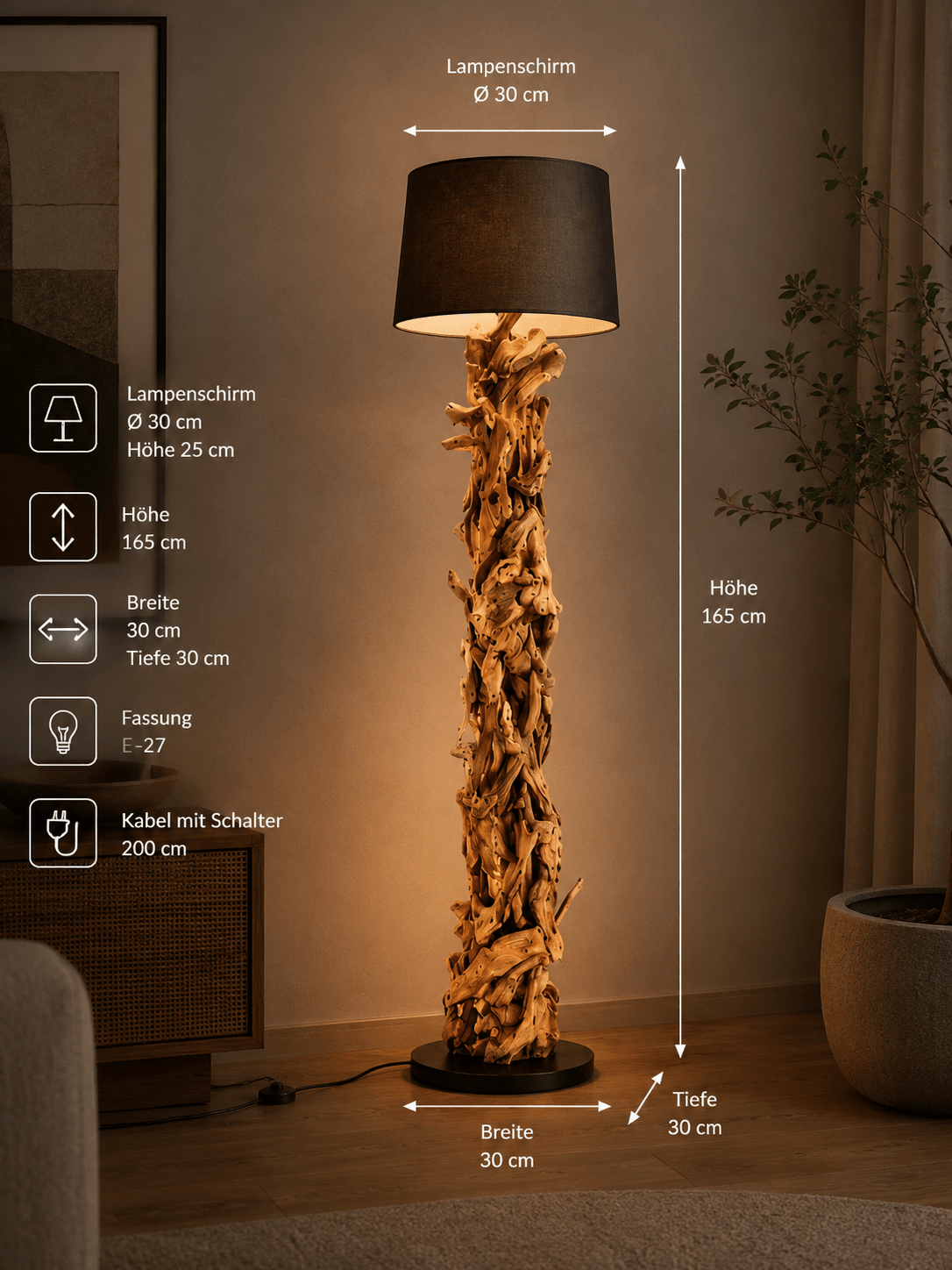 Stojací lampa naplavené dříví CLEON | Výška 165 cm | Černé stínidlo
