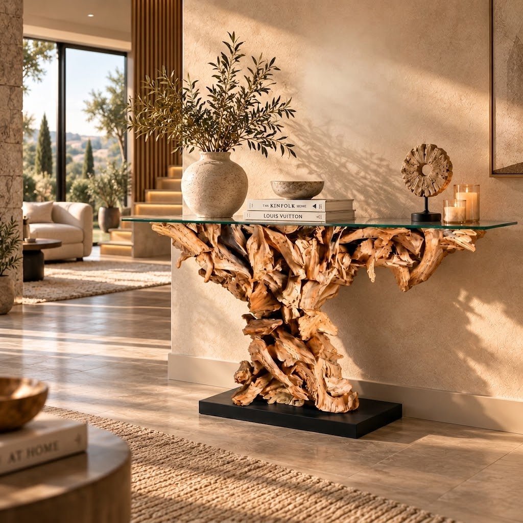 Teak Wurzel Sideboard REGINA Glasplatte 160cm