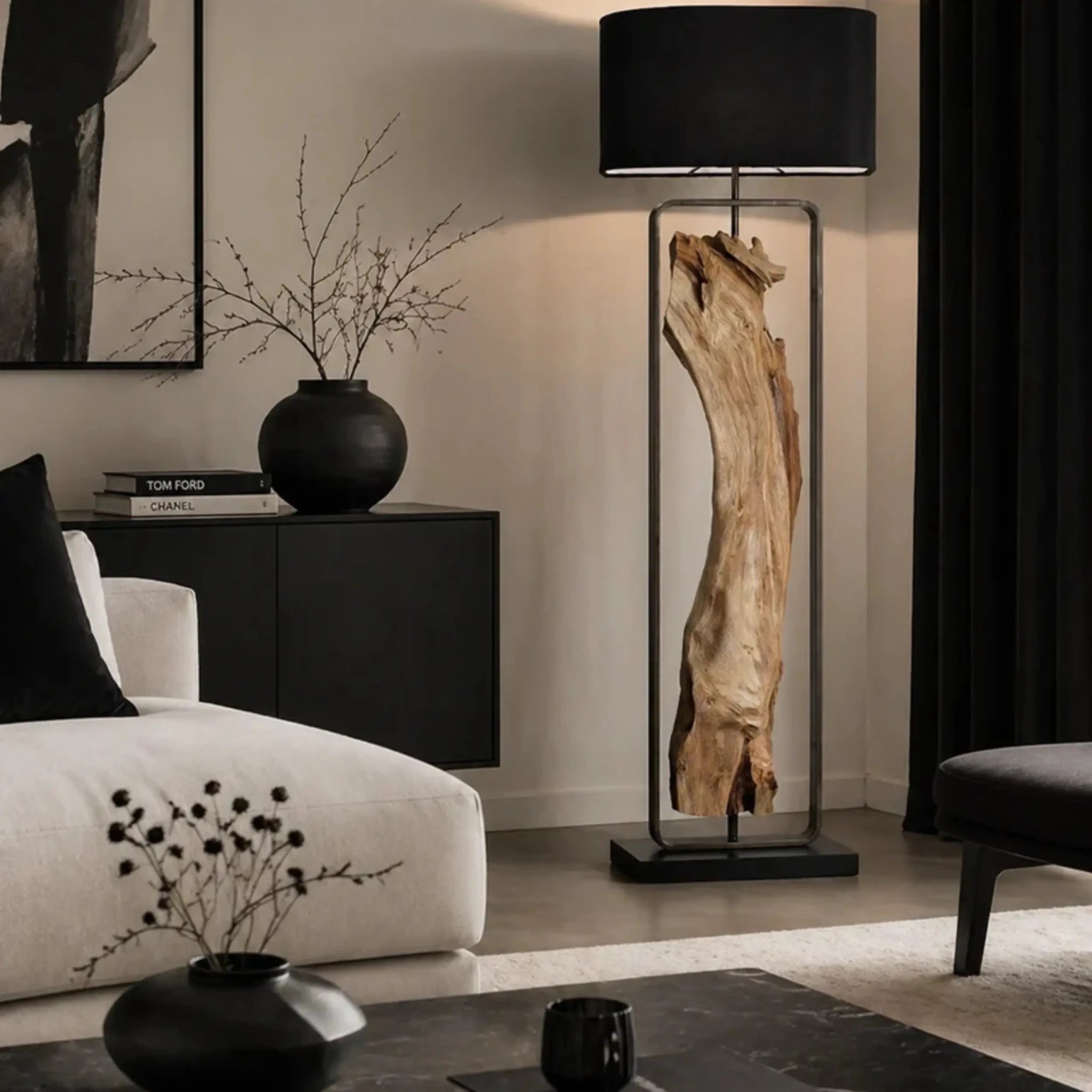 Stojací lampa Driftwood olivová 150 cm stínidlo černé