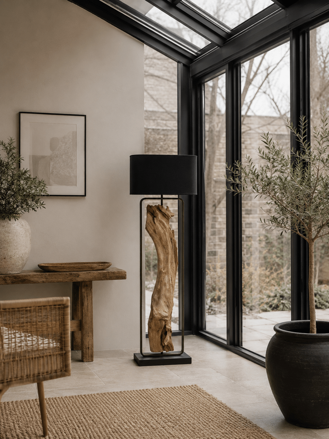 Lampadaire en bois flotté olive 192 cm, abat-jour noir