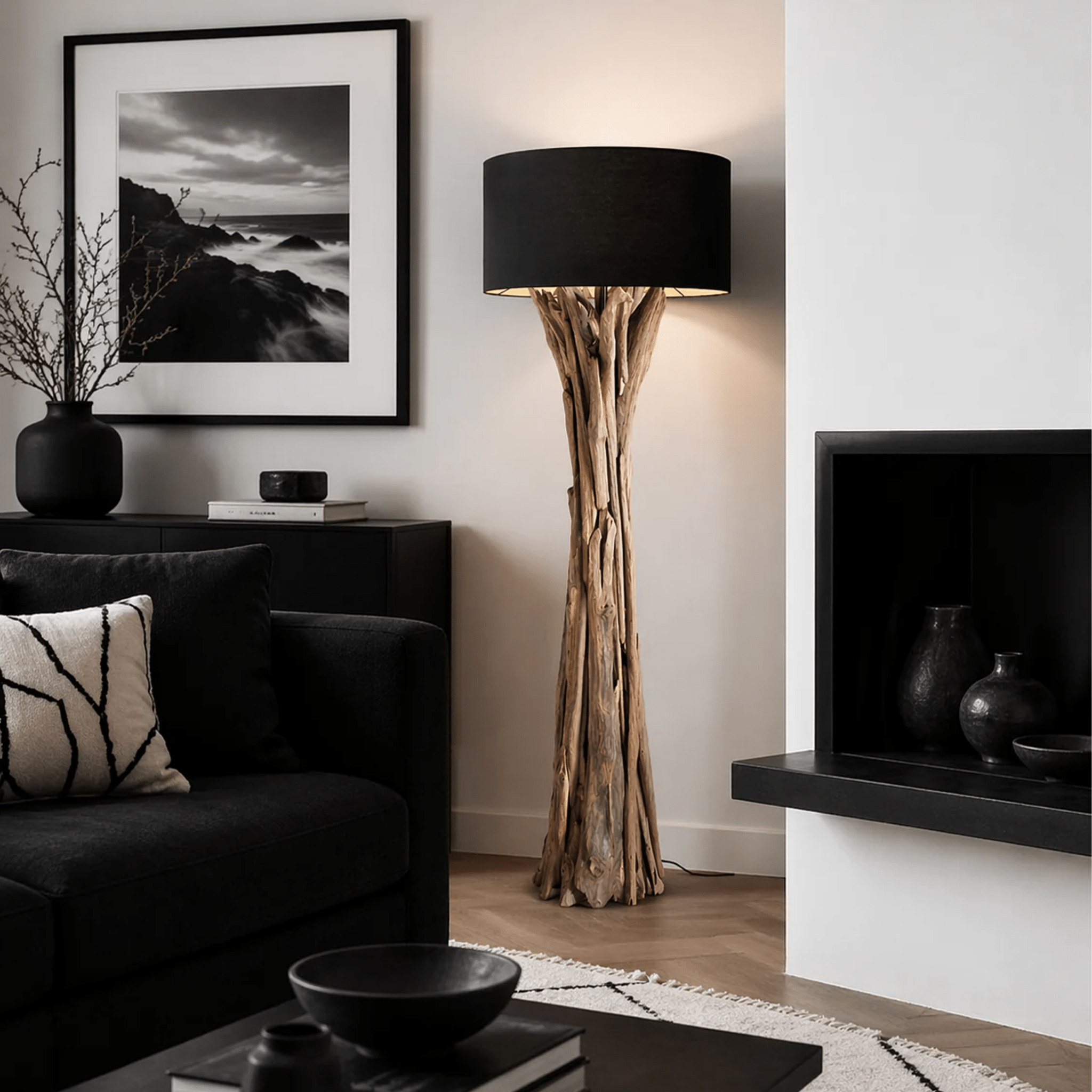 Stojací lampa Driftwood Quinton stínidlo černá / 195 cm