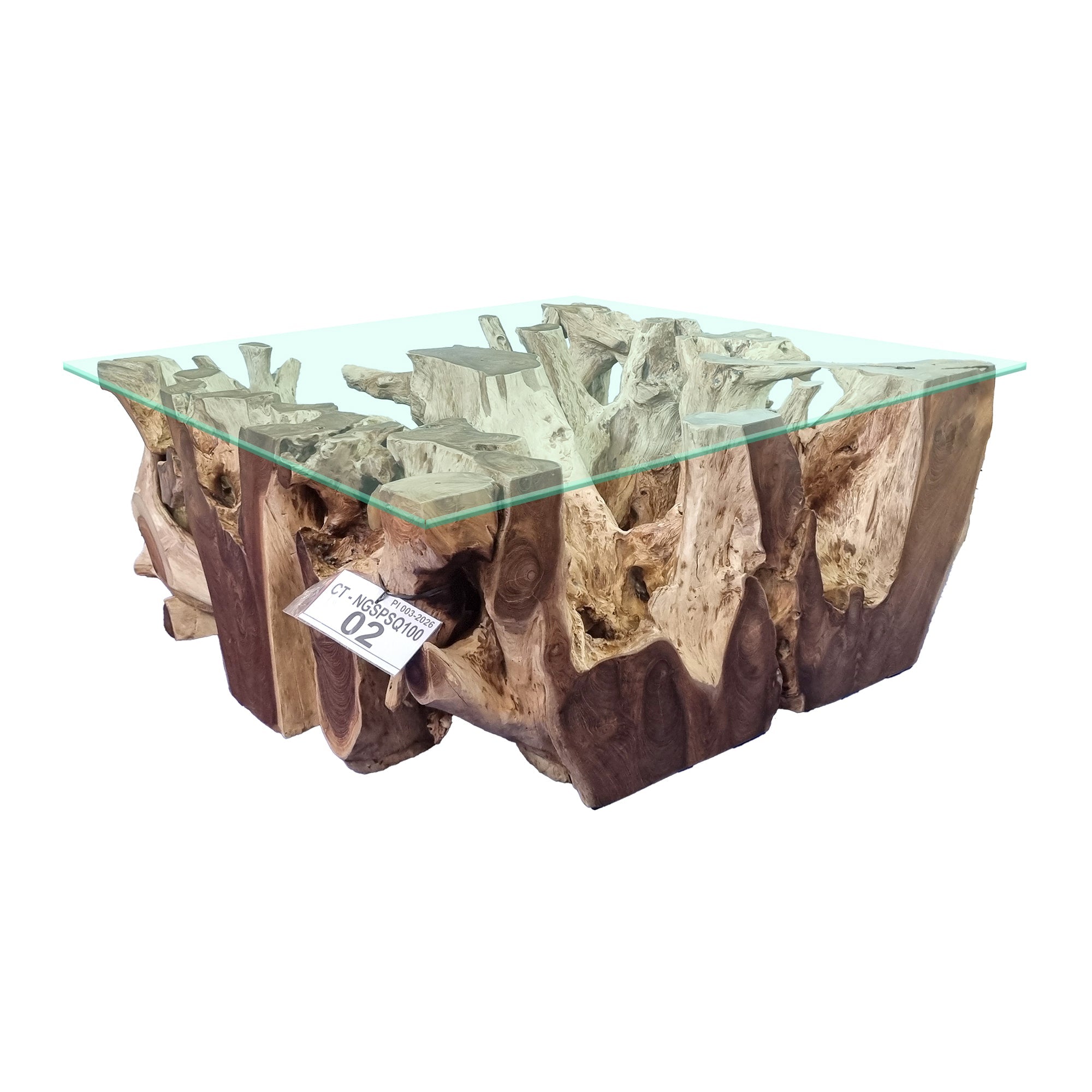 Table basse racine NAGA avec plateau en verre 110 cm x 110 cm