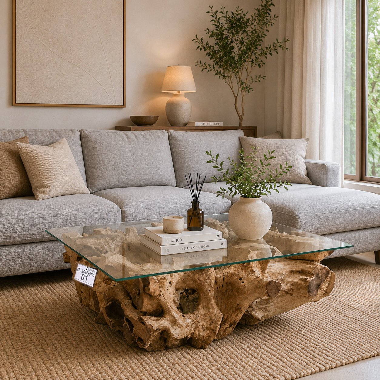 Table basse racine NAGA avec plateau en verre 110 cm x 110 cm
