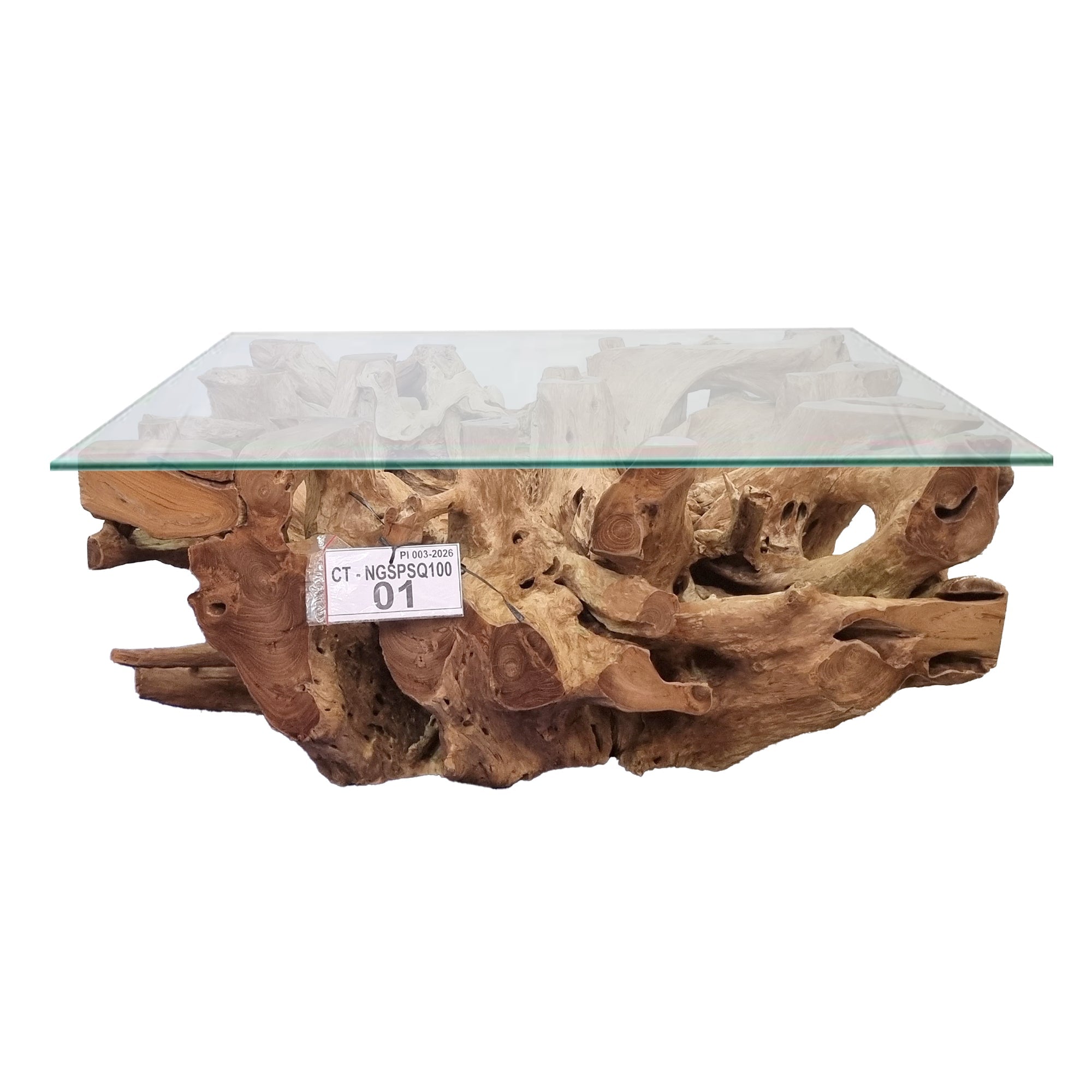 Table basse racine NAGA avec plateau en verre 110 cm x 110 cm