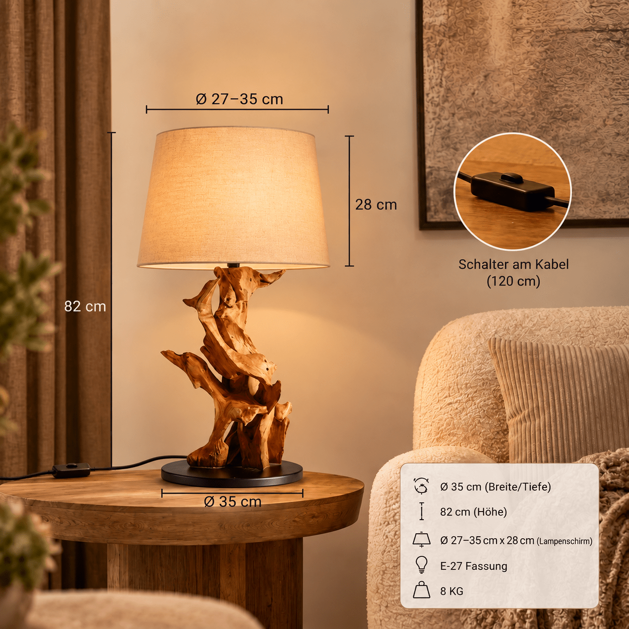Wurzelholz Tischlampe Ikal Höhe 82cm inkl. Lampenschirm in