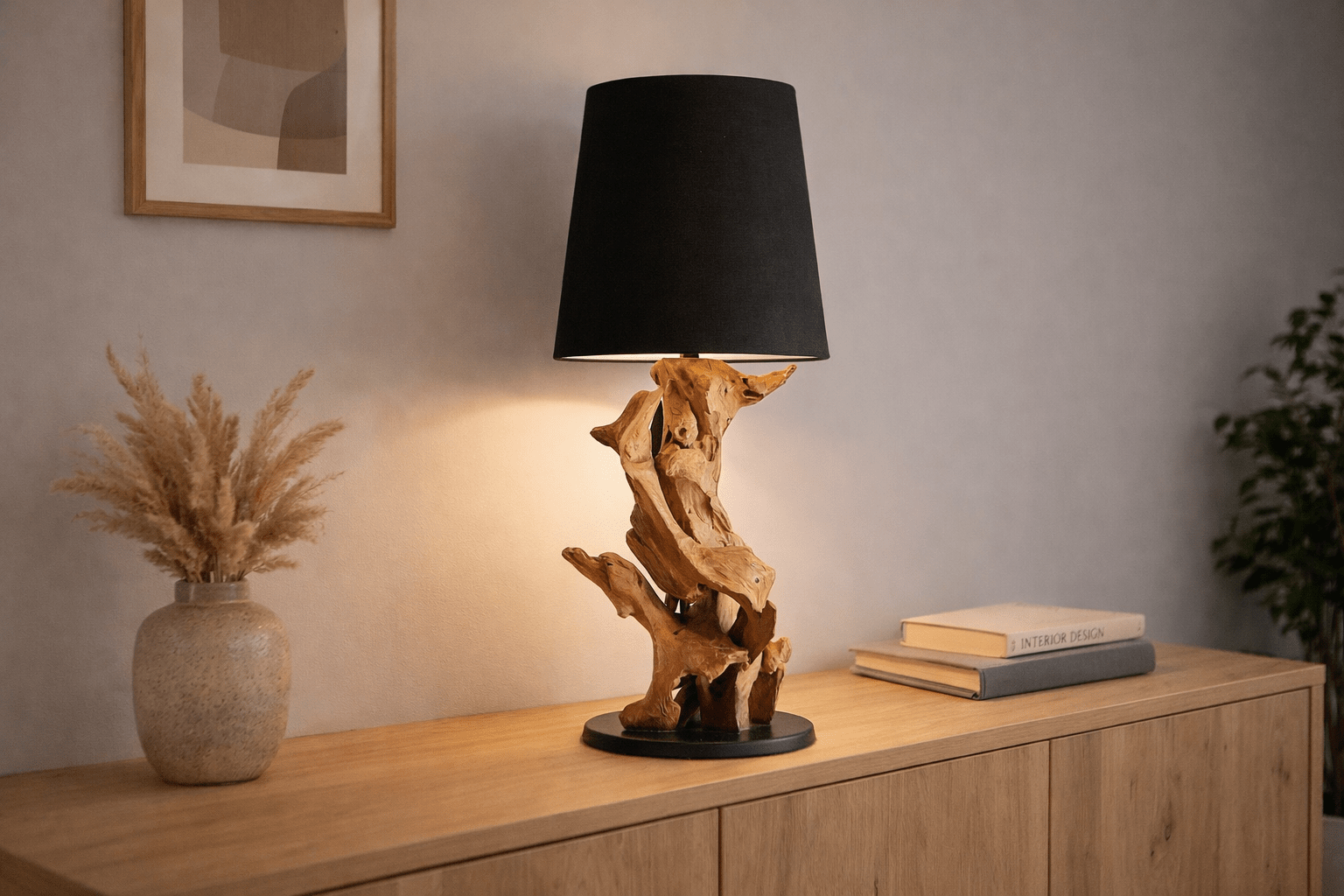Burl-puinen pöytävalaisin IKAL korkeus 82 cm sisältäen varjostimen