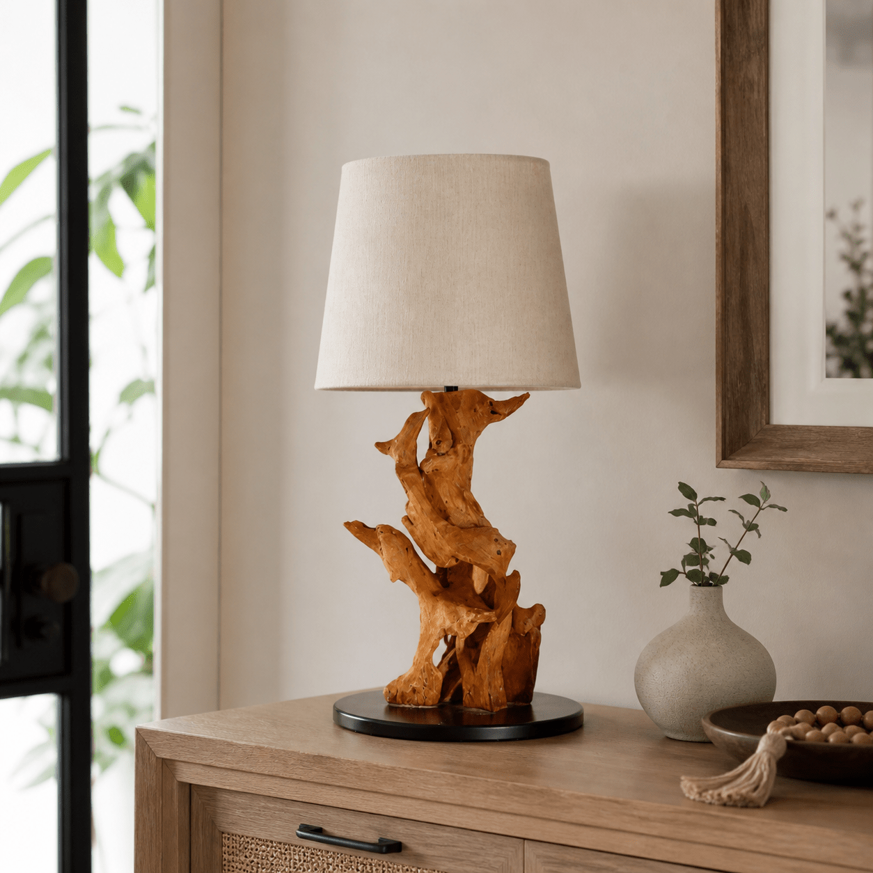 Dřevěná stolní lampa Burl IKAL výška 82 cm včetně stínidla